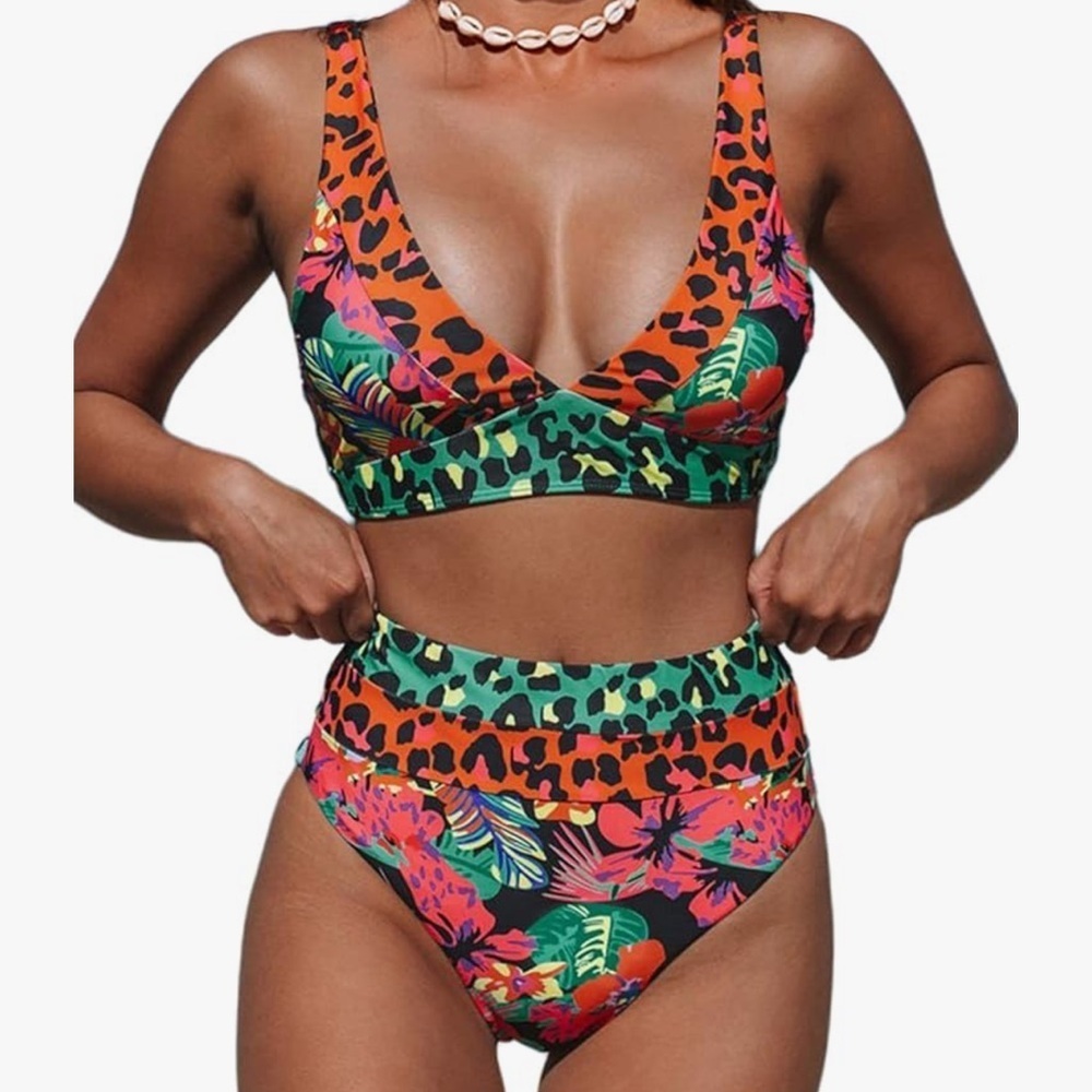 SHEIN Multicolor Tropical Leopard high waisted bikini size XXL